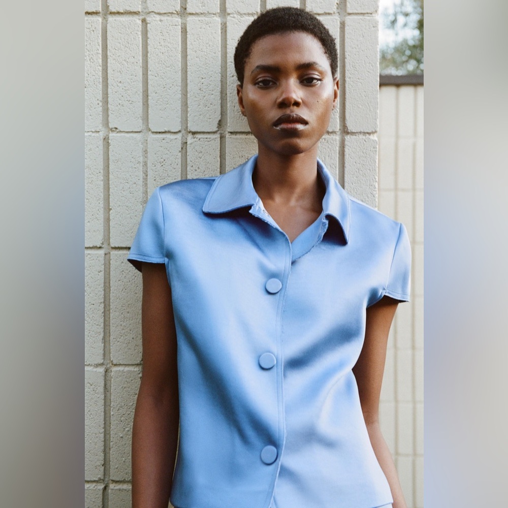 NWT NEW ZARA Satin Blue Boxy S/S Button Down Shirt with Notched Collar Medium